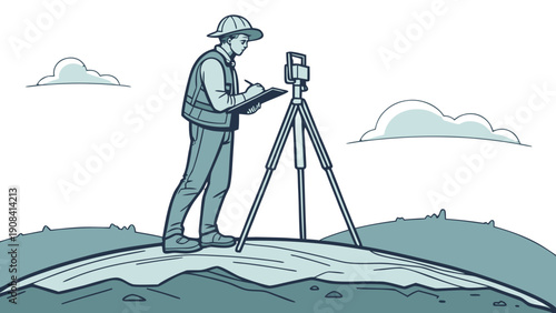Land Surveyor Writing Data on Clipboard with Tripod Vector Illustration, hard hat and safety vest, writing notes on a clipboard beside a tripod-mounted surveying instrument GNSS GPS Pole