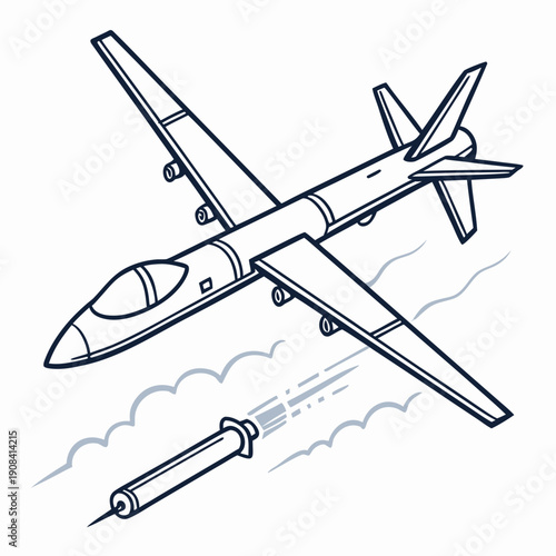 Futuristic combat drone firing missile in flight through clouds