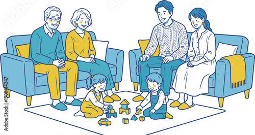 三世代家族がリビングで団らんするシーンのベクターイラスト