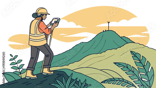 Female Land Surveyor with Tablet and GNSS Pole on Mountain at Sunset Vector Illustration,  hard hat and safety vest, standing on a rocky outcrop. She holds a tablet controller and a surveying pole