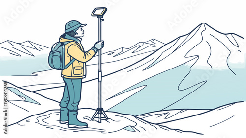 Surveyor with GPS Rover Pole on Snowy Mountain Peak Illustration, land surveyor wearing winter gear and a hard hat, holding a tall GPS rover pole while standing on a snowy mountain peak