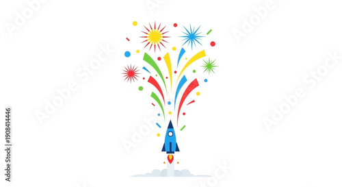 Rocket launching colorful fireworks on white background symbolizing celebration and excitement in a joyful atmosphere with vibrant streaks and sparks