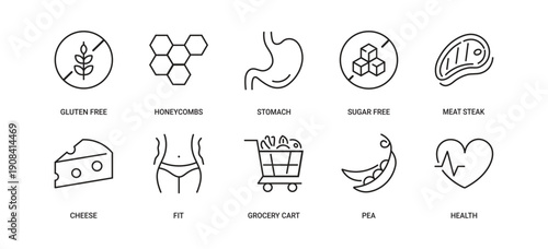 Healthy Nutrition and Wellness Line Icon Set Vector Illustration – Immune System, Antioxidants, Digestive Health, Brain Function, Heart Care, Organic Food, Diet and Lifestyle Health Symbols.