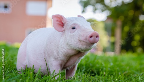 Adorable little piglet enjoying the warm sunshine in a lush green meadow