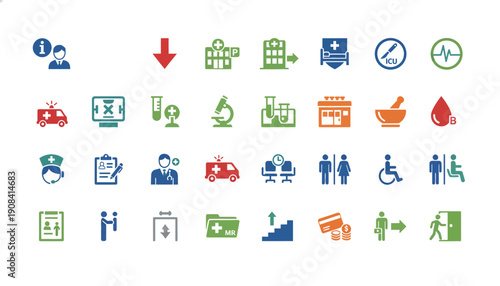 Hospital Information Icons � Colored Flat Vector Medical Signage for Healthcare Facilities