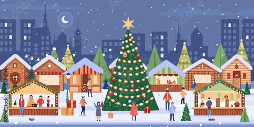 Festive christmas market scene with decorated tree and winter cityscape