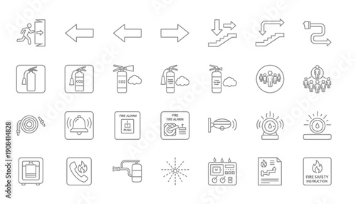 Fire Safety Icon System � Emergency Exit, Fire Extinguisher & Alarm Outline Vector Signs