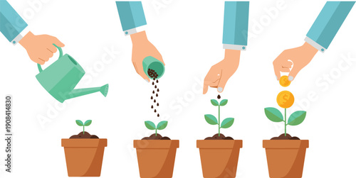 Vector illustration of hands watering and planting seeds to grow money coins in pots representing business investment financial success strategy and wealth management concept growth