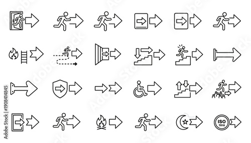 Emergency Exit Down Icons � Vector Safety Evacuation Signs for Stairways