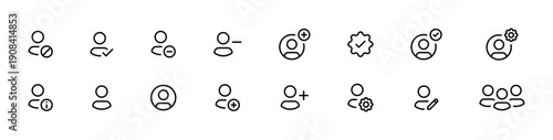 User profile icon set. user account icons with add, edit, settings, banned, verified, verification, information, group and account management symbols for UI apps. thin line icon collection