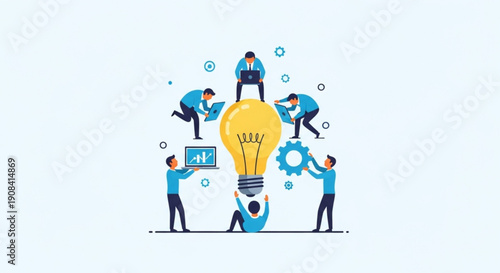 Team brainstorming around a giant lightbulb with various people interacting and collaborating on a project