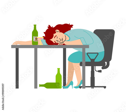 Drunk woman passed out at a table with green beer bottles and yellow liquid. Concept of female alcoholism, depression and addiction. Flat vector illustration on white.