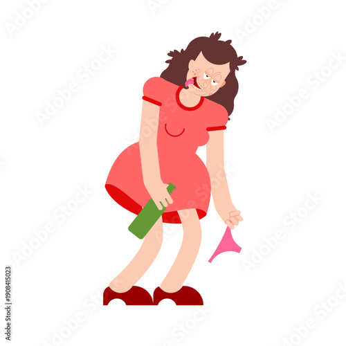 Drunk woman in a red dress holding a beer bottle and stumbling. Concept of female alcoholism, party addiction and social issues. Flat vector illustration on white background.