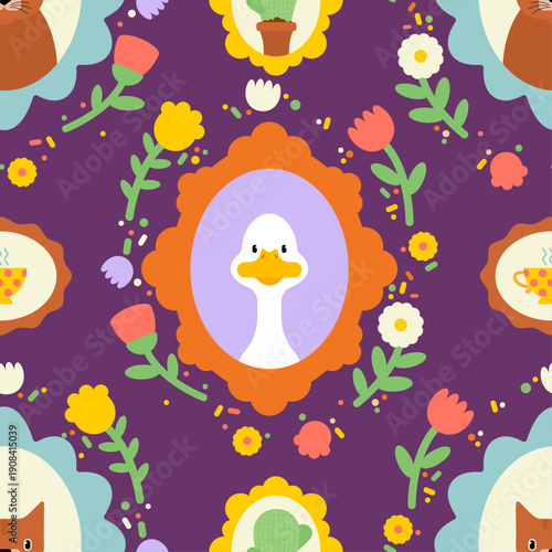 Seamless pattern with white geese and spring flowers in vintage frames on purple. Folk art nursery wallpaper. Vector illustration for kids textile, fabric and wrapping paper.