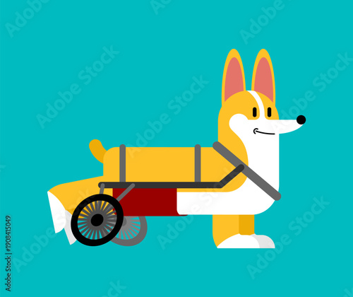 Cute corgi dog in a wheelchair for disabled pets. Concept of animal care, veterinary support and canine rehabilitation. Flat vector illustration on teal background.