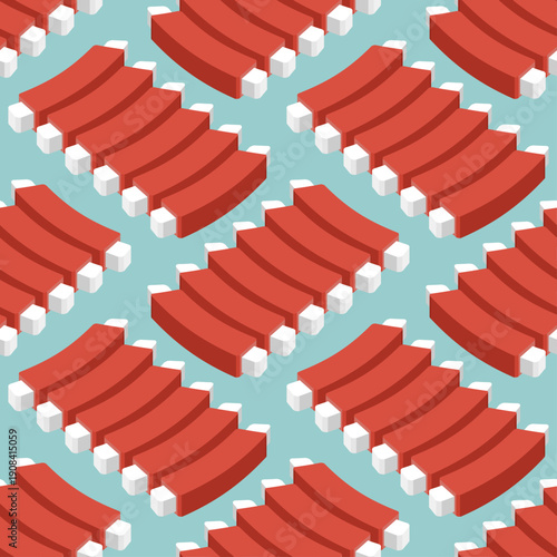 Seamless pattern with grilled BBQ meat ribs on teal background. Delicious food ornament for restaurant interior, butcher shop textile and wrapping paper.