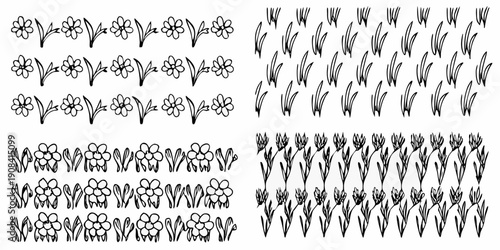 Stylized floral pattern with repeated flower and grass illustrations
