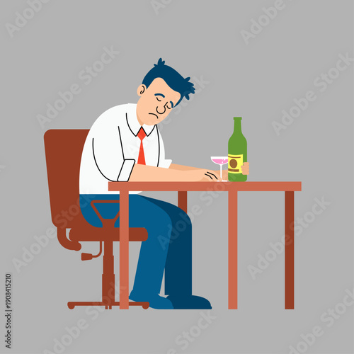 Drunk man in a white shirt sitting at a desk with a bottle of alcohol. Concept of work stress, depression, and substance abuse. Flat vector illustration on grey.