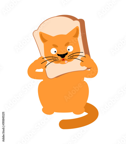 Funny ginger cat with its head through a slice of white bread. Cat loaf meme concept, humor and cute pet character. Flat vector illustration isolated on white.