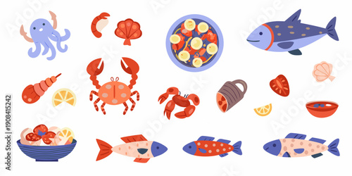 Colorful illustration of various seafood and shellfish arranged on a white background