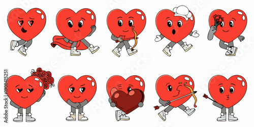 Charming anthropomorphic hearts engaged in various romantic activities