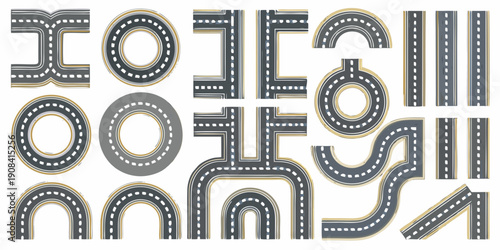 Stylized roads and circles arranged to resemble alphabet letters