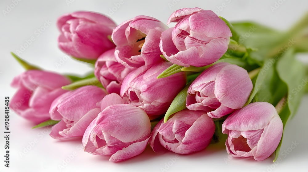 Obraz premium A Beautiful Bouquet of Pink Tulips on a White Background.