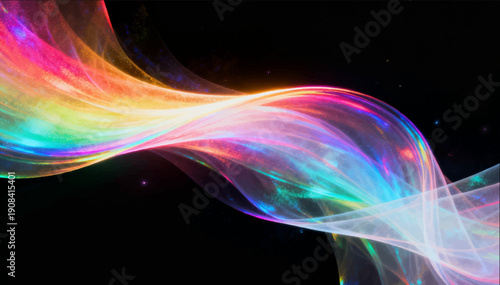 Vector illustration of a smooth stream of light that shimmers with all the colors of the rainbow on a black background.