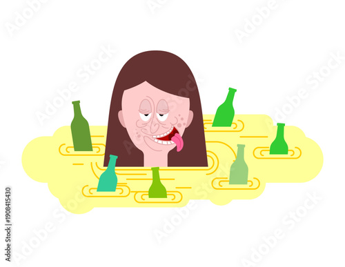 Woman drowning in yellow liquid with green beer bottles. Concept of female alcoholism, depression, and social addiction problems. Flat vector illustration on white.