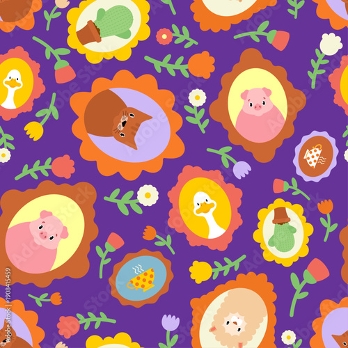 Seamless pattern with cute cats, dogs, pigs and cacti in vintage floral frames on teal. Folk art style nursery wallpaper. Vector illustration for kids textile and wrapping paper.