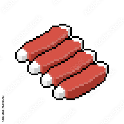 Pixel art grilled meat ribs on white background. BBQ pork or beef rib icon in retro 8-bit game style. Food illustration for restaurant menu, cooking assets and digital art.