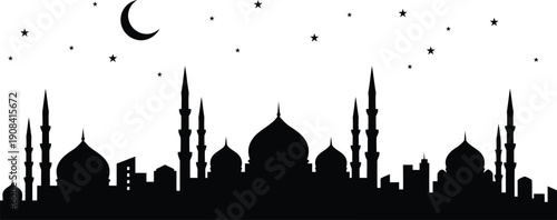 Islamic Mosque Skyline with Crescent Moon Night Silhouette Illustration