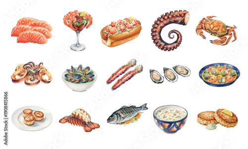 Watercolor gourmet seafood and fish dishes collection set