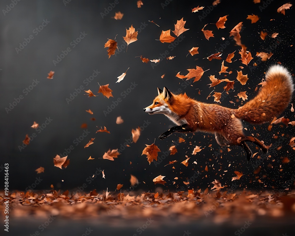 Fototapeta premium Fox running through falling leaves, autumn digital nature scene