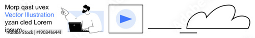 Cloud computing, data storage, media streaming, online technology, digital transformation, innovation. A professional character pointing with a cloud and play button motif. Cloud computing and data