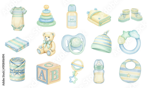Watercolor newborn baby boy shower elements set