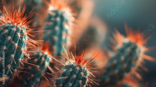 Close-up Macro Shot of Prickly Pear Cactus Spines with Orange Glow.