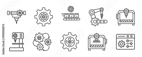 Industrial Machinery icon set collection in outline style. Icon pack contain  Industrial machine,  Gear, Conveyor belt, Robot arm, CNC machine, Drill machine, Engine, Turbine, Hydraulic press