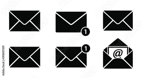 Black envelope icons with notification bubbles and an open email image