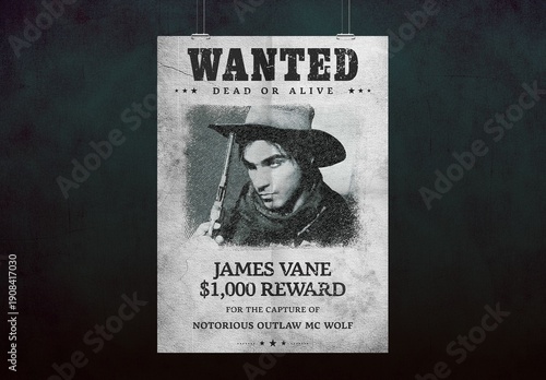 Classic Wanted Poster Template in Old Country & Western Style, Vintage Paper Texture & Grayscale Hues