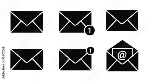 Black envelope icons with notification badges and an open email symbol