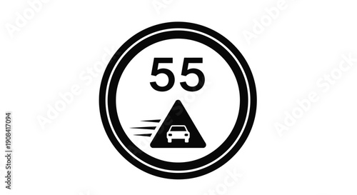 Black and white speed limit sign displaying fifty five with a car symbol