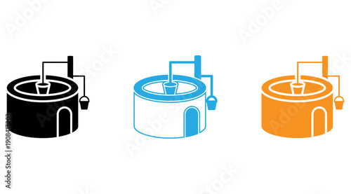 Three stylized containers with different color schemes and similar structural designs isolated on transparent background, Vector