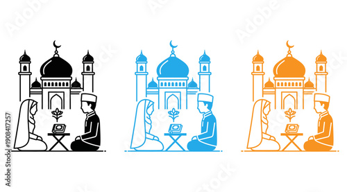 Three distinct architectural landmarks depicted in minimalist black and white style isolated on transparent background, Vector