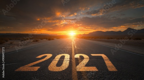 Wallpaper Mural New year 2027 Straight road in desert with years 2027 to 2030 marked on the asphalt, leading toward a glowing sunrise. Symbol of future, goals, planning, new beginnings, and. Torontodigital.ca