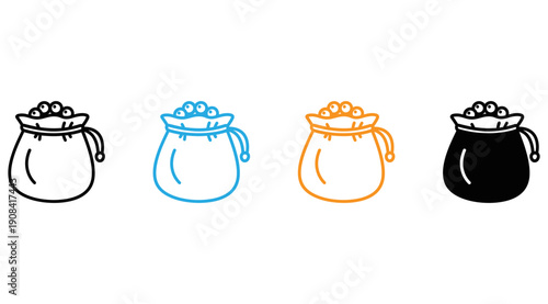 Four stylized bags with different colors and decorative patterns isolated on transparent background, Vector