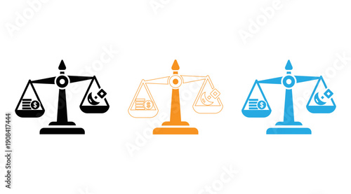 Three stylized scales of justice in varying colors symbolizing balance and fairness. isolated on transparent background, Vector