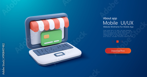 3D illustration of an online store: a laptop with a storefront, striped awning, and credit card. Concept of e-commerce, online payments, digital business, UI/UX, marketing, and web retail.