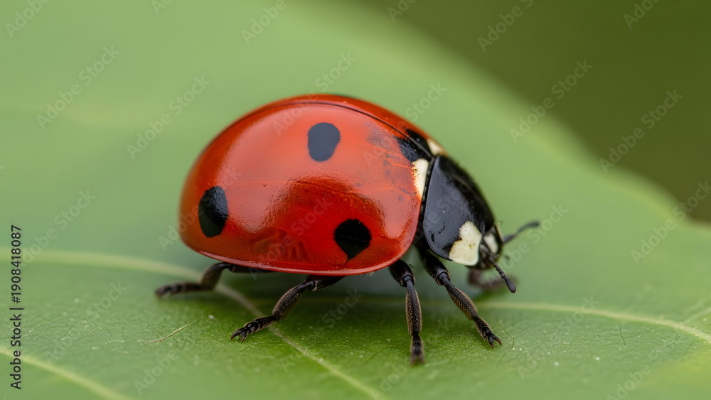 Fototapeta premium A vibrant red ladybug with black spots resting on a green leaf.