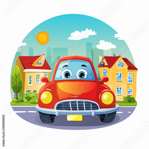 A vibrant red vector illustration of a cartoon car traveling on a city road past a green tree and house under a sunny summer sky with clouds for a family vacation trip